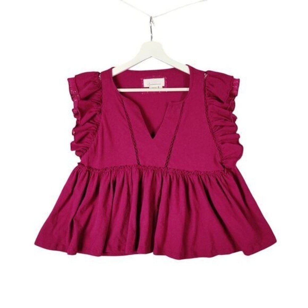 Anthropologie Womens Cottage Peplum Linen Cotton Blouse XS Magenta Ruffle VNeck
